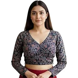 shrisay creation Women's Ready-to-Wear Pure Ajrakh Cotton Blouse - Heavy Ajrakh Print | V-Neck Front, Back Hook Closure | Long Sleeves | Padded, Ethnic Design | Size 38 (Alterable 36–40)-picture-37