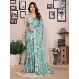 Shriyangan Ethnic Motifs Printed Zari Pure Linen Block Print Saree-picture-20