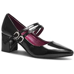 shuz touch Mary Jane Pumps Two Strap Pointed Toe Black Chunky Block Heel Shoes-picture-52