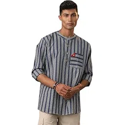 shvaas by vastramay Men's Blue Cotton Short Kurta || Cotton Printed with Kantha Work Short Kurta for Men.-picture-14