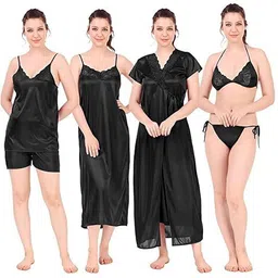 Siaasa || Satin Nighty Suit| Night Dress Women| Satin Nighty Set- Nightwear Set 6 Piece Girl, Ladies| Night Gown for Women| Women's Satin Solid Nighty image 1