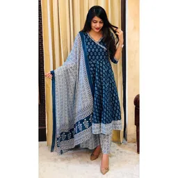 Sidhidata Round Neck Floral Printed Angrakha Anarkali Kurta with Trouser & Dupatta-picture-36