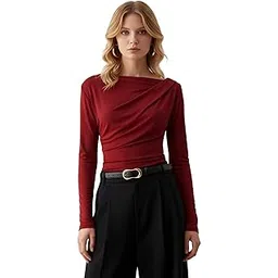 sightbomb SKIMS SOFTLINE Asymmetric Boat Neck FRONTFLOW Gathered Waterfall Afford LUX Edition Formal WEAR Long Sleeve Feather Touch TOP for Women-picture-46