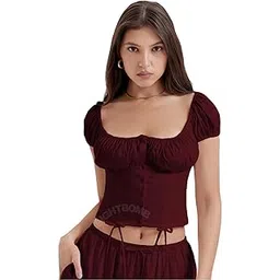 sightbomb Square Neck Button UP Puff Sleeve Drawstring Bustier Corset for Women-picture-34