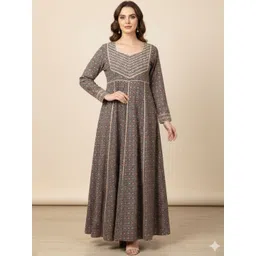 Silakaari Geometric Printed Boat Neck Thread Work Pure Cotton Thread Work Anarkali Kurti image 1