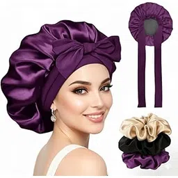 Silk Bonnet for Hair with 3 Scrunchies| Adjustable Satin Hair Cap for Sleeping | Bonnet for Curly Hair with Wide Tie Band| Multiple use| Shower Cap| (purple)-picture-42