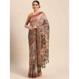 Silk Land Brown Printed Saree With Unstitched Blouse image 1