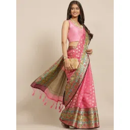 Silk Land Kanjivaram Silk Pink Woven Saree With Unstitched Blouse image 1