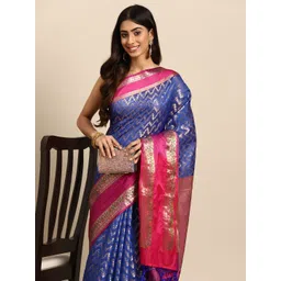 Silk Land Navy Blue & Purple Zari Silk Blend Paithani Saree-picture-10