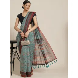 Silk Land Teal Blue Cotton Floral Print Saree With Unstitched Blouse-picture-24