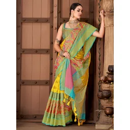 Silk Land Yellow & Turquoise Blue Ethnic Motifs Zari Art Silk Banarasi Saree image 1