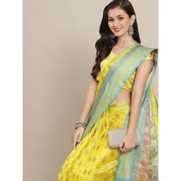 Silk Land Yellow & Turquoise Blue Ethnic Motifs Zari Art Silk Banarasi Saree image 2