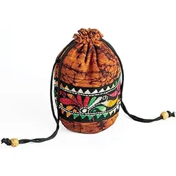 silkykraftz Cotton Batik Kantha Stitch Work Potli Batua Bag Yellow-picture-47