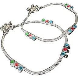 Silver-Plated German Silver Anklets with design multi color Charms, 26cm Length, Contemporary Style, Non-Adjustable, Set of 2-10 Inch-picture-47