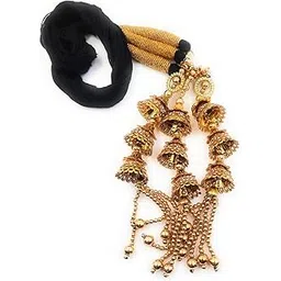 SIMKA® Hand made Jhumka Style Punjabi Paranda for Womes & Girls/Traditional Hair Accessory with Beads & Tassels/Patiala Shahi Parandi/Choti (Hangings Black & Jhumka Golden) One piece (Gold Meate)-picture-11