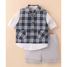 Simply Premium Cotton Woven Full Sleeves Party Shirt & Shorts with Checkered Jacket - Grey-picture-35