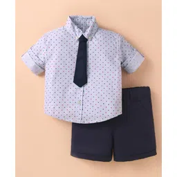 Simply Premium Cotton Woven Full Sleeves Polka Dot Printed Shirt & Shorts Set With Tie - Blue-picture-14