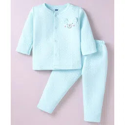 Simply Cotton Knit Full Sleeves Front Open Winter Night Suit With Bear Applique - Aqua Blue-picture-26