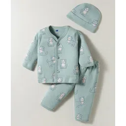 Simply Interlock Knit Full Sleeves Co-ords Night Suit with Cap & Puppy Print - Sea Green-picture-24