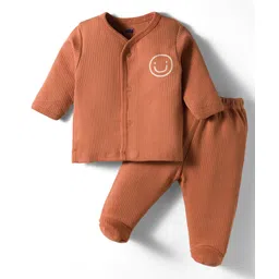Simply Interlock Knit Full Sleeves Footed Night Suit With Smiley Print - Bronze-image-10