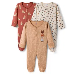Simply Interlock Knit Full Sleeves Footed Sleepsuit With Animal Print & Embriodery Pack Of 3 - White Tan & Coral-image-36