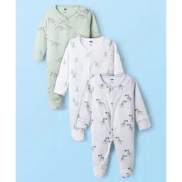 Simply Interlock Knit Full Sleeves Footed Sleepsuit With Animal Print - White Olive Green & Off White-image-22