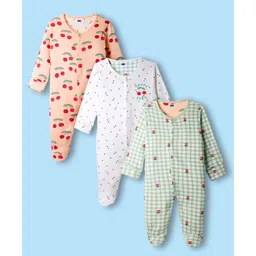 Simply Interlock Knit Full Sleeves Footed Sleepsuit With Floral Print Pack Of 3 - White Peach & Mint-image-30