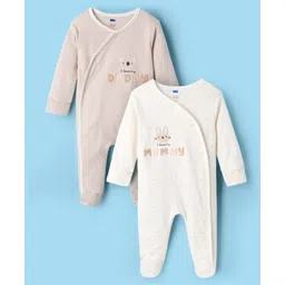 Simply Interlock Knit Full Sleeves Footed Sleepsuit With Text Print Pack Of 2 - White & Tan-image-33
