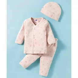 Simply Interlock Knit Full Sleeves Front Open Co-ord Night Suit With Bunny Print & Cap - Light Peach-image-17