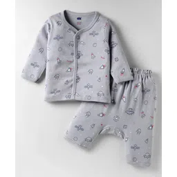 Simply Interlock Knit Full Sleeves Front Open Co-Ord Night Suit with Space Theme Print - Light Blue-picture-14