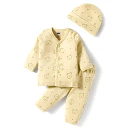 Simply Interlock Knit Full Sleeves Front Open Co-ord Night Suit With Teddy Bear Print & Cap - Yellow-picture-23