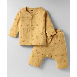 Simply Interlock Knit Full Sleeves Front Open Co-Ord Night Suit with Teddy Print - Yellow-image-16