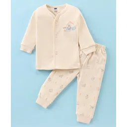 Simply Interlock Knit Full Sleeves Front Open Night Suit with Bear Print - Beige-image-13