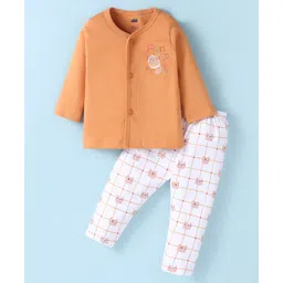 Simply Interlock Knit Full Sleeves Front Open Night Suit With Checks & Bear Print - Bronze & White-picture-18