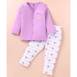 Simply Interlock Knit Full Sleeves Front Open Night Suit With Checks & Bear Print - Mauve & White-picture-19