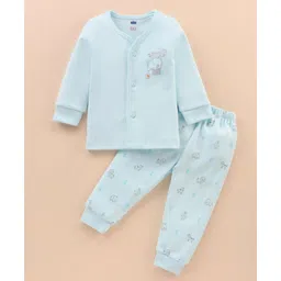 Simply Interlock Knit Full Sleeves Front Open Night Suit with Elephant Print - Light Blue-picture-22