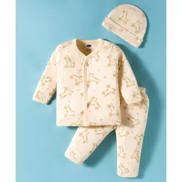 Simply Interlock Knit full Sleeves Night Suit With Animal Print & Cap - Cream-image-8