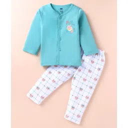 Simply Interlock Knit Full Sleeves Night Suit with Bear Print - AquaBlue-image-9