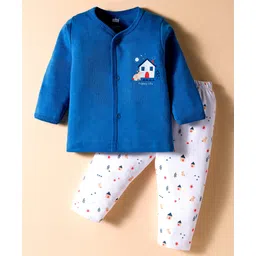 Simply Interlock Knit Full Sleeves Night Suit with House & Happy Life Text Print - Blue-image-0