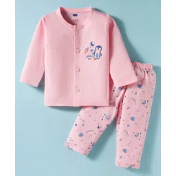 Simply Sinker Knit Full Sleeves Front Open Night Suit With Space Theme Print - Baby Pink-picture-25