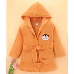 Simply Terry Knit Full Sleeves Hooded Bath Robe with Monkey Embroidery - Orange-picture-12