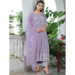 SINGNI Women Lavender Floral Printed Thread Work Kurta with Trousers & Dupatta-picture-25
