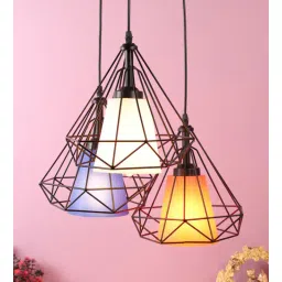 sinoman Diamond Cage 3 Light Colour Metal with PVC Shade Cluster Hanging Light (with Bulb)-picture-25