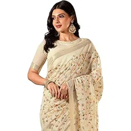 siril Women's Cotton Linen Embroidery Work Saree with Unstitched Blouse Piece-picture-52
