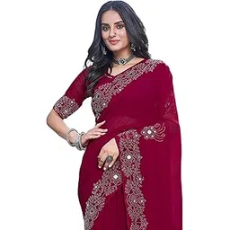 siril Women's Georgette Hot Fixing Mirror and Stone Work Saree With Unstitched Blouse Piece-picture-48