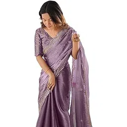 siril Women's Shimmer Chiffon Sequence Embroidery Scalloped Border Saree With Unstitched Blouse Piece-picture-26