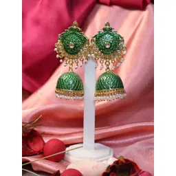 SIVA BY ANIKA Brass-Plated Artificial Stones Studded And Beaded Dome Shaped Jhumkas-picture-23