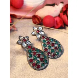 SIVA BY ANIKA Brass-Plated Artificial Stones Studded Floral Shaped Antique Drop Earrings-picture-20