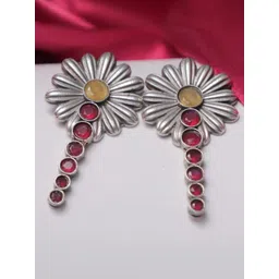 SIVA BY ANIKA Brass-Plated Artificial Stones Studded Oxidised Floral Shaped Drop Earrings-picture-12
