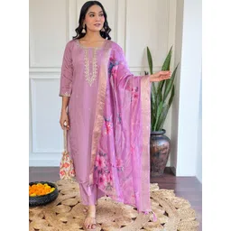 Siya Fashion Women Floral Embroidered Regular Thread Work Chanderi Silk Kurta with Trousers & With Dupatta-picture-35
